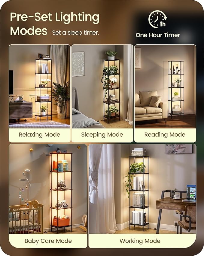 Display Shelf with Light, 5-Tier Shelf Lamp, Corner Floor Lamp with Shelves, Dimmable LED Floor Lamp for Living Room with Remote and Foot Control, 3CCT, Timer, Standing Lamp, Corner Bookshelf B52LD05