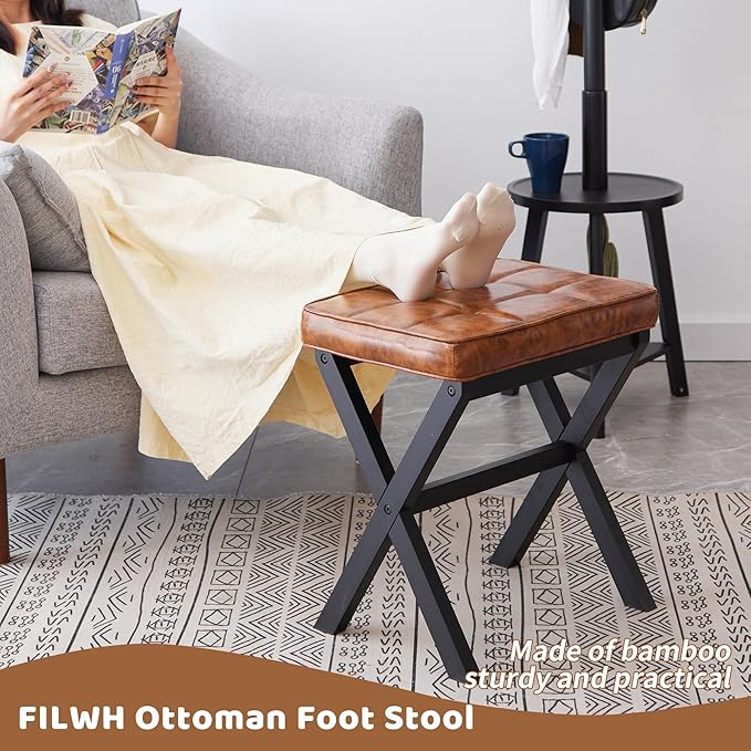 FILWH Foot Stool Small Ottoman Foot Rest Padded Foot Stool Desk for Under Office Desk Vanity Stool Bamboo Footstool Sofa Footrest Shoe Stool Small Foot Stools (Black Legs + Patterned Brown)