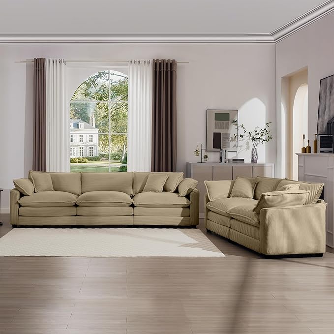 KEIKI 2-Piece Sofa Set with 1 Oversized Corduroy 3-Seater Sofa & 1 Loveseat Sofa, Upholstered 5-Seater Couch Set with 9 Pillow, High-Density Foam Cushions, Removable Armrests, for Living Room, Tan