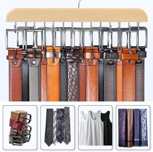 Belt Hanger for Closet Max 42 Belts, Sturdy Wood Belts Rack Closet Accessories with 14 Hooks Belt Organizer for Men Organizers and Storage -Wood 1 Pack