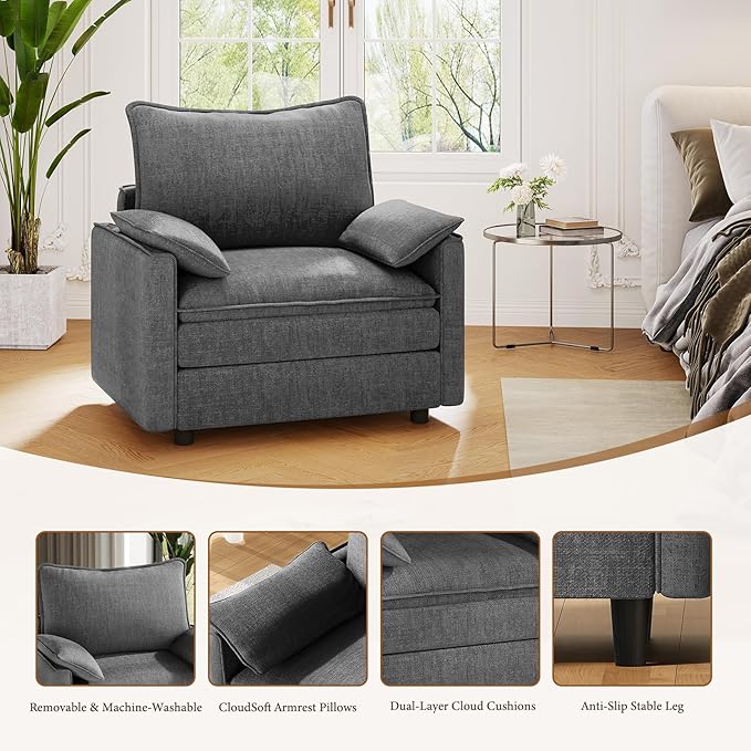 Vesgantti 40" Single Seat Sofa, Comfy Cloud Couch Deep Seat Upholstered Couch Chenille Modern Sofa with Armrest Pillow, Easy Assembly for Living Room, Bedroom and Apartment, Gray | Sink-in Comfort, Height Adjustable, Easy Rearrangement, Extra-deep Otto...