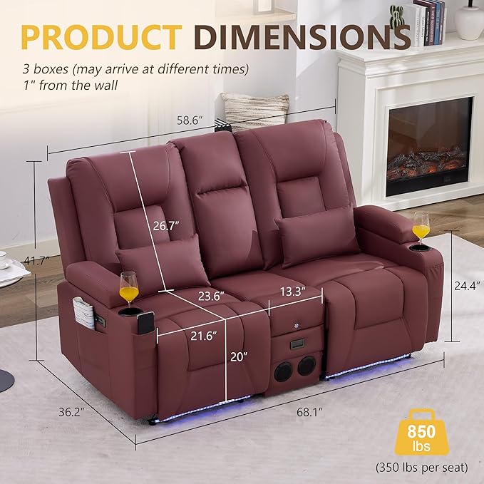 URRED Power Loveseat Recliner Sofa with Console, Wall Hugger Reclining Loveseat RV Couch with LED Light, 150° Zero Gravity Recliners Modular Couches for Living Room (Red, 68.1'' - 2 Seats)