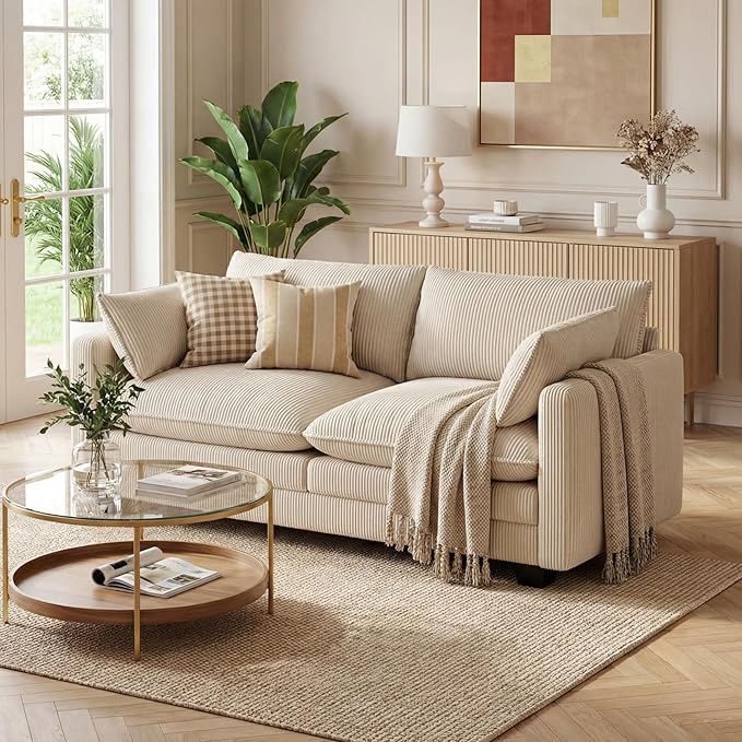 Gizoon 75” Small Cloud Loveseat Couches for Living Room, 2 Seater Love Seat Sofa with Comfy Deep Seat, Small Washable Couches with Removable Corduroy Cover for Apartment, Beige