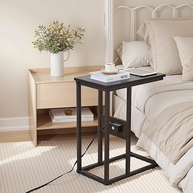 VECELO C-Shaped End Side Table Set of 2, with Charging Station & Two USB Ports and Outlets for Living Room, Bedroom, with Adjustable Feet for Couch/Sofa, Bedside, Small Spaces， Black