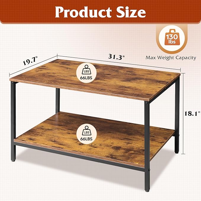 WLIVE Small Coffee Table for Living Room, 31.3" Modern Industrial Coffee Table with Storage Shelf & Metal Frame, 2-Tier Wood Center Table for Small Spaces Apartment, Home, Charcoal Black