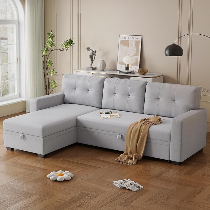 82" L-Shape Convertible Sleeper Sectional Sofa with Storage Chaise and Pull-Out Bed,Modular Corner Couch Lounge,w/Removable 3 Back Cushions and Armrest,for Home Furniture,Light Gray