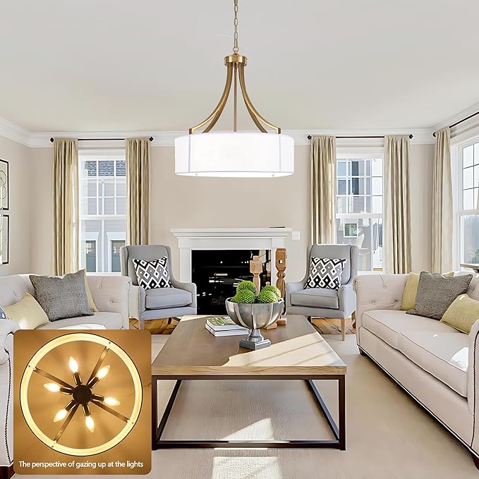 20" Modern Gold Farmhouse Drum Chandeliers for Dining Room, 6-Light Rustic Drum Pendant Light with White Fabric Shade, Hanging Light Fixture for Living Room Bedroom Foyer Kitchen Island Entryway