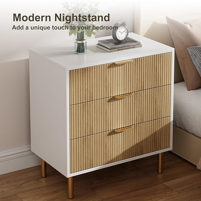 IDEALHOUSE Natural Dresser, Modern 3 Drawer Dresser for Bedroom with Gold Handle and Large Drawer, Wood Double Chest of Drawers and Storage Organizer for Living Room, Hallway, Entryway