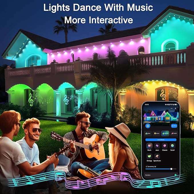 150ft Permanent Outdoor Christmas Lights for House, Smart RGB+IC+Warm to Cool White LED Eave Lights with App Control, IP65 Outside Light Compatible with Alexa, Google Assistant