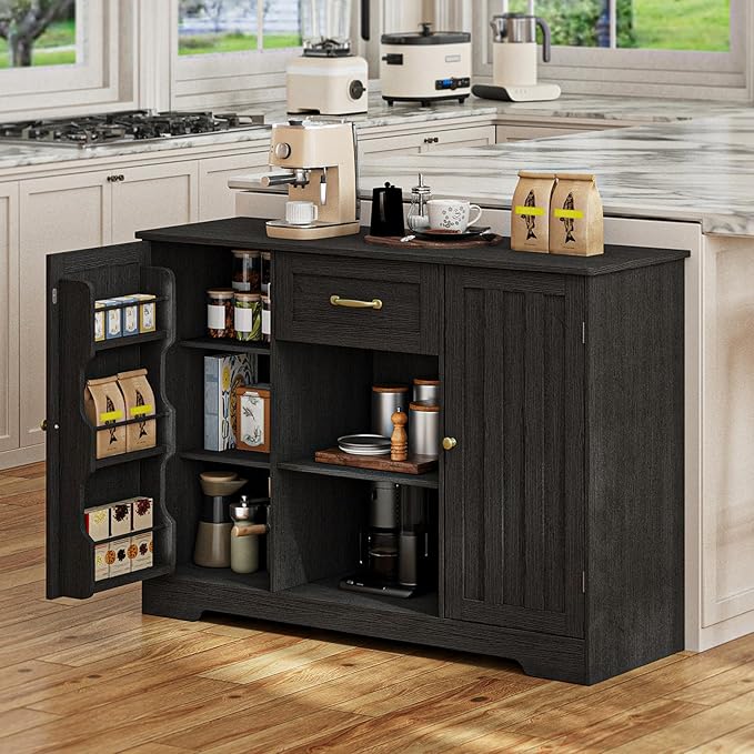 Gizoon Coffee Bar Cabinet with Door and Shelves Kitchen Hutch with Countertop, Kitchen Buffer Cabinet with Storage for Bedroom and Living Room, Black