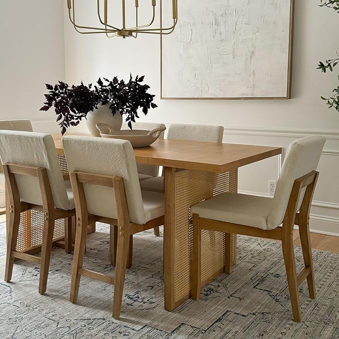 Nathan James Willow Boho Dining Table for 6 with Solid Wood Legs, 6-Person Natural Wood Dining Table, Warm Pine or Brown with Bohemian Rattan Accent