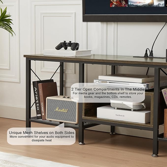 VECELO TV Stand with Power Outlets for 70 Inch Industria Media Entertainment Center with Charging Station, 3-Tier Open Shelves & Metal Frame for Living Room, Bedroom, 63 Inch, Brown