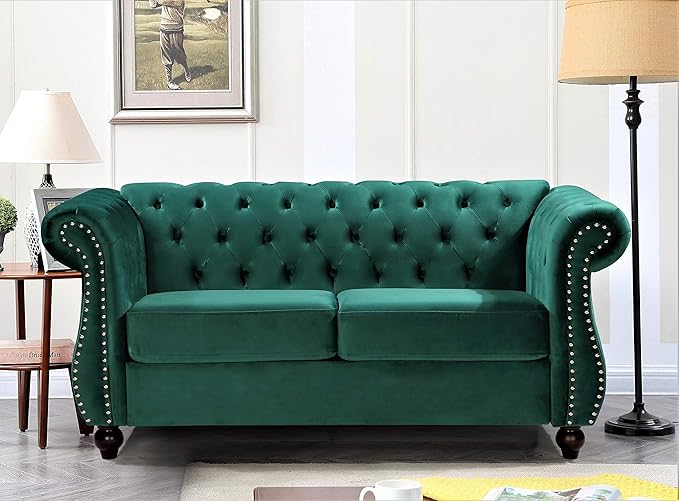 Container Furniture Direct Feinstein Modern Velvet Chesterfield Couches for Living Room with Nailheads, Diamond Tufting & Durable Metal Frame, Loveseat, Green