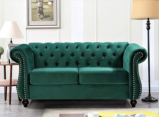 Container Furniture Direct Feinstein Modern Velvet Chesterfield Couches for Living Room with Nailheads, Diamond Tufting & Durable Metal Frame, Loveseat, Green