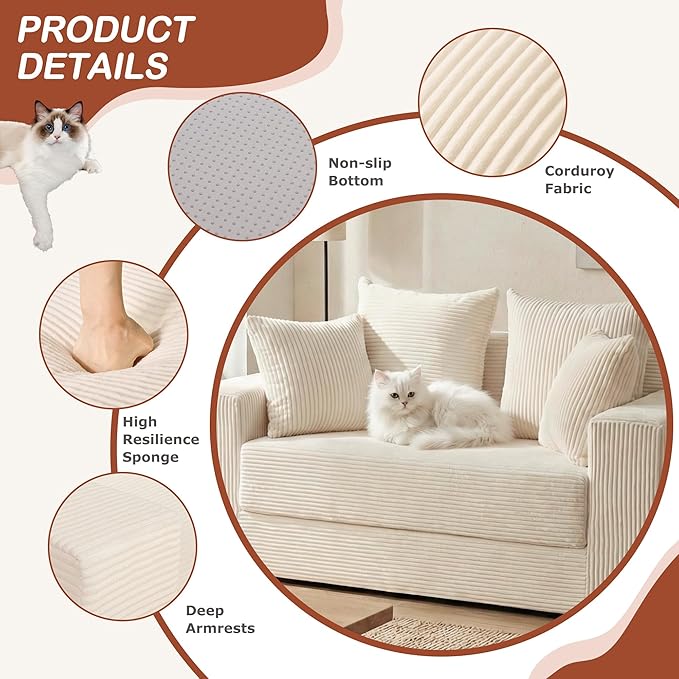 Convertible 5 in 1 Futon Sofa Bed Full Size, Corduroy Boneless Couch Sleeper Sofa with 4 Pillows, Foldable Pull Out Loveseat Floor Mattress for Living Room, Apartment, Small Space & Dorm