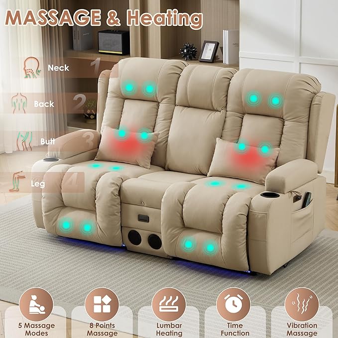 TUNYI Wall Hugger Loveseat Recliner Sofa with Console, Power Reclining Loveseat RV Couch with Massage & Heat/USB/Outlet/Storage/LED Light/Speaker (Beige)
