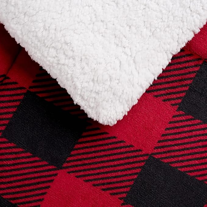 Amazon Basics 3-Piece Ultra-Soft Micromink Sherpa Bedding Set, Warm All Season Comforter, Full/Queen, Red Buffalo Plaid