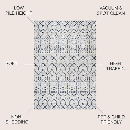 JONATHAN Y Boho Vintage Diamond Cream/Navy Indoor Area Rug 5X8 ft, Moroccan Hype for Living Room, Bedroom, Kitchen, Office, Easy-Cleaning, High Traffic, Pet-Friendly, Non-Shedding (MOH101F-5)