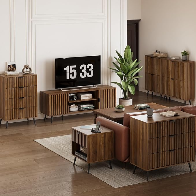 Fluted 6 Drawers Dresser, 47.24" W Modern Chest of Drawers, Mid- Century Modern Wooden Dresser Drawer Organizer for Bedroom, Living Room, Hallway, Entryway, Walnut