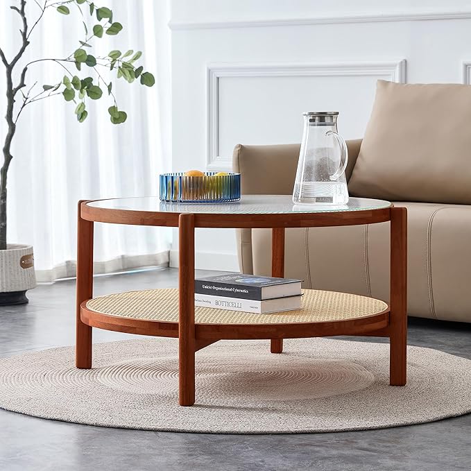 Tempered Glass Round Coffee Table, Farmhouse Circle Coffee Table with Rattan Woven Shelf for Storage, Solid Wood Circular Center Table for Living Room