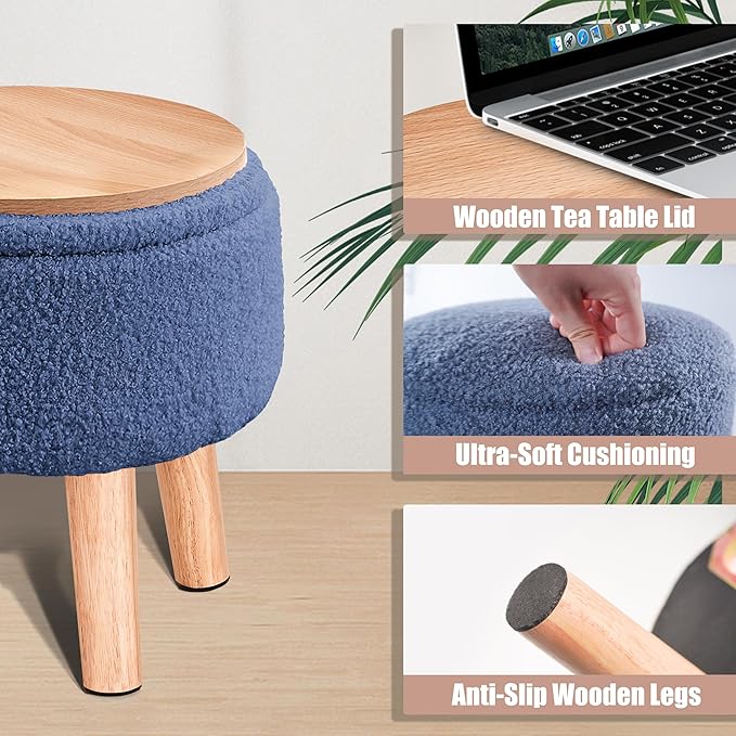 Poofzy Small Ottoman with Storage, Small Foot Stool Ottoman with Wood Legs, Sherpa Foot Rest for Couch, Living Room and Bedroom - Navy Blue