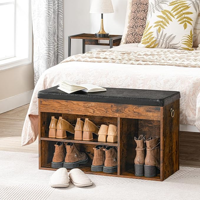 HOOBRO Storage Bench with Cushion, Shoe Bench with Lift Top Storage, Wooden Shoe Cabinet Bench with Hidden Storage, 12.4 x 32.3 x 18.3 Inches, for Entryway, Bedroom, Rustic Brown and Black BF40HX01