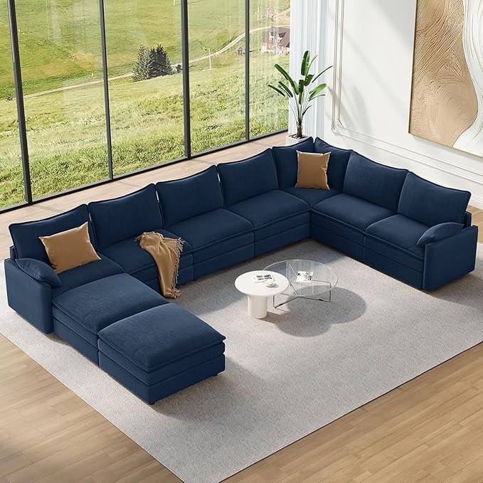Vesgantti Large Modular Sectional Sofa, Big Comfy Cloud Couch with Ottoman Deep Seat Chenille Cloud Sofa, 9 Seater Large Sectional Couches for Living Room, Bedroom and Apartment, Blue | Sink-in Comfort, Solid Wood Frame, Extra-deep Ottoman, Easy Rearra...