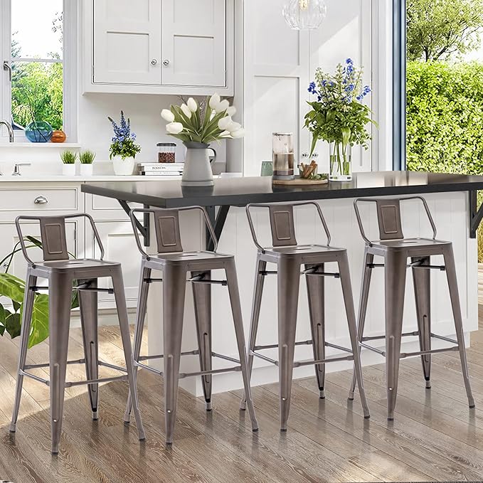 Tongli Metal Bar Stools Set of 4 Barstools Counter Height Bar Stools with Back Industrial Bar Stool Indoor Counter Stool Kitchen Island Stools Modern Bar Chair 26inch Rusty