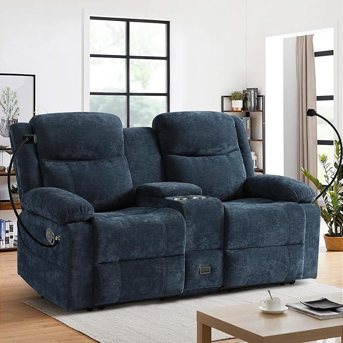 Manual Reclining Loveseat Sofa with 360°Adjustable Phone Holder, Center Console Storage with Type-C Charging & USB, Adjustable Headrest, Cupholders, Hidden Storage Drawer, Living Room, Home Theater