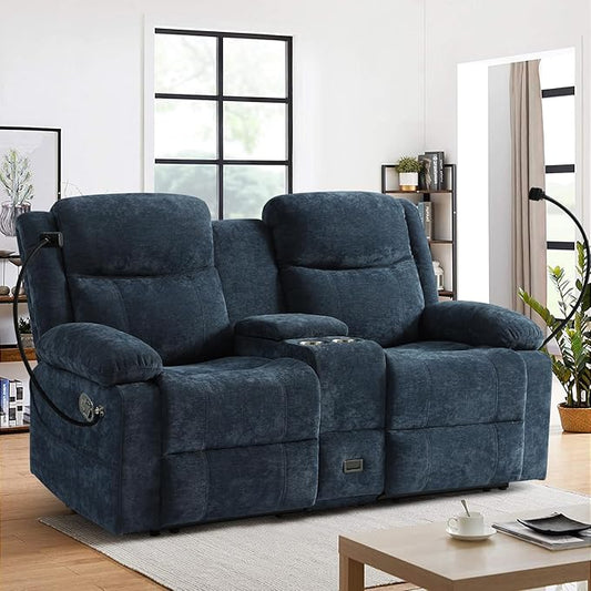 Manual Reclining Loveseat Sofa with 360°Adjustable Phone Holder, Center Console Storage with Type-C Charging & USB, Adjustable Headrest, Cupholders, Hidden Storage Drawer, Living Room, Home Theater