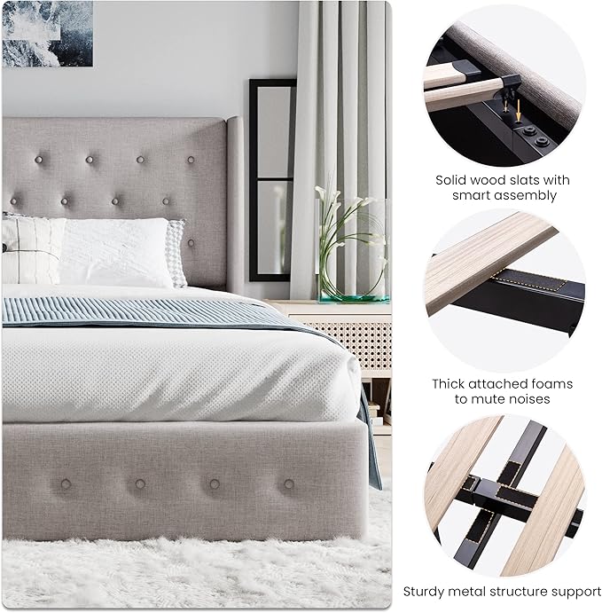SHA CERLIN King Size Lift Up Storage Bed Frame,Button Tufted Wingback Headboard,Upholstered Platform,Hydraulic Storage,Wooden Slat Support,No Box Spring,Light Beige