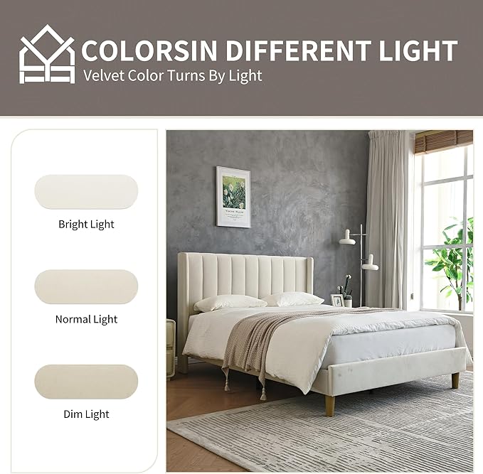 YUHUASHI upholstered Platform Bed Frame/Full Bed Frame/Modern Geometric Double-Wing Design headboard/Velvet Fabric/Easy to Assemble no Noise (Cream, Full)