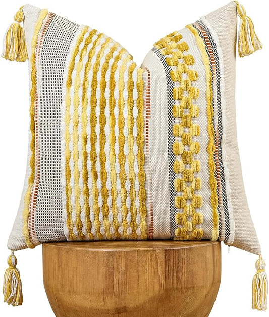 AmHoo Chenille Striped Textured Boho Throw Pillow Covers Aesthetic with Tassels Woven Decorative Pillow Case for Couch Bed Sofa Bedroom Modern Funky 18 x 18-Inch Yellow