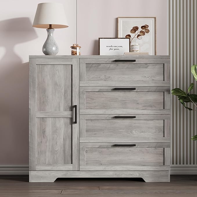 IDEALHOUSE 43.3'' H Armoire Wardrobe Closet with 4 Drawers and Hanging Rod, Multifunctional Wood 4 Drawers Dresser with Storage Closet, Clothing Storage Cabinets for Bedroom, Gray
