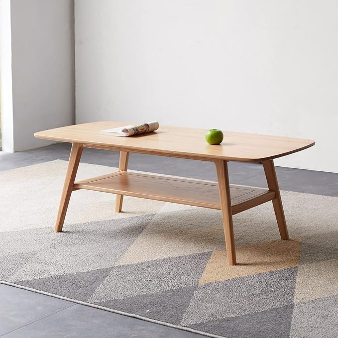 Ball & Cast 39.37" Solid Wood Coffee Table, Mid Century Center Table with Shelf Storage, 2-Tier Small Coffee Table with Rounded Edges for Living Room, Easy to Assemble,Oak