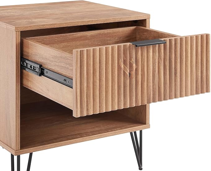 Manhattan Comfort Dumbo Modern Nightstand 1.0 with 1 Drawer and Metal Feet | Splayed Gold Legs | Vertical Ribbed Design | No Tool Assembly Storage for Bedroom & Living Room, Set of 2, Golden Brown