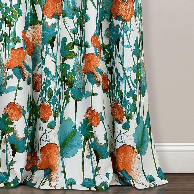 Lush Decor Zuri Flora Room Darkening Window Curtain Panels Pair 52" W x 84" L Turquoise & Orange - Room Darkening Curtains for Bedroom - Floral Curtains