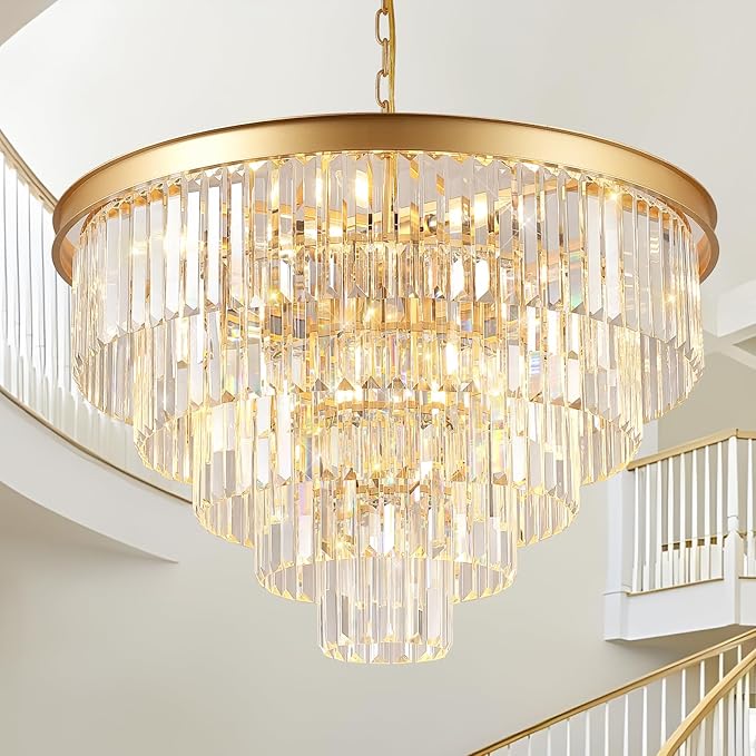 Large Crystal Chandeliers 30’’ Modern Gold Round Chandeliers for High Ceiling K9 5-Tier Large Ceiling Chandelier Light Fixtures Luxury Chandelier for Staircase Foyer Living Room
