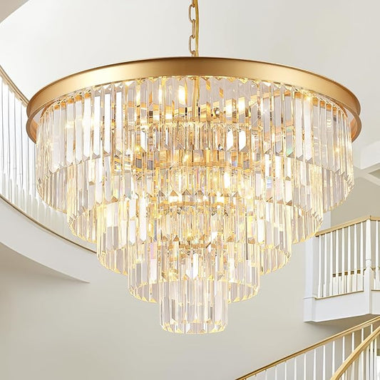 Large Crystal Chandeliers 30’’ Modern Gold Round Chandeliers for High Ceiling K9 5-Tier Large Ceiling Chandelier Light Fixtures Luxury Chandelier for Staircase Foyer Living Room