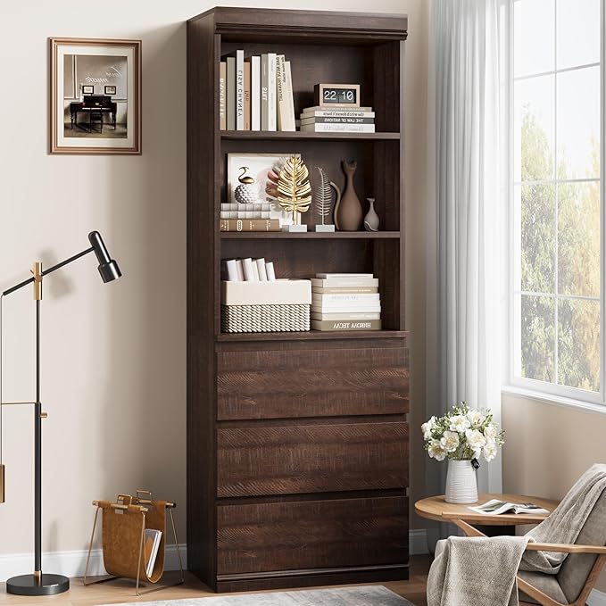 IDEALHOUSE 70" H Bookcase with 3 Storage Drawers,Tall Bookshelf w/ 3-Tier Open Shelf, Morden Storage Bookcase Wooden Deep Bookshelves Storage Cabinet Organizer for Library Office Living Room (Brown)