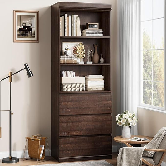 IDEALHOUSE 70" H Bookcase with 3 Storage Drawers,Tall Bookshelf w/ 3-Tier Open Shelf, Morden Storage Bookcase Wooden Deep Bookshelves Storage Cabinet Organizer for Library Office Living Room (Brown)