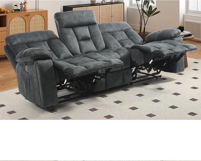 EBELLO Reclining Sofa for Living Room, Extra Wide Modern Overstuffed 3 Seat Recliner Manual Sofa with Hidden Armrest Cup Holders, Soft Breathable Fabric and Padded Seat, Dark Greenish-Grey