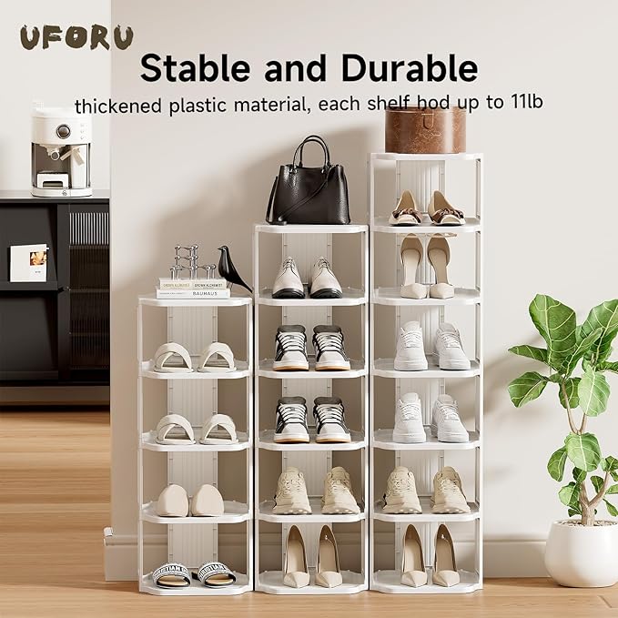 Vertical Shoe Rack, 6 Tiers Stackable Shoe Rack for Closet, Tall Standing Shoe Organizer, Small Shoe Shelf for Narrow Places Durable Plastic Construction (White)