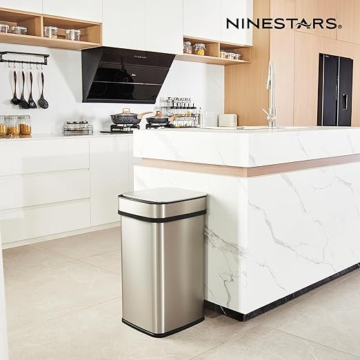Ninestars 13 Gallon Odor Neutralizing Smart Kitchen Trash Can, Automatic Odor Control Motion Sensor Garbage Bin, Universal Power Adapter, 50 Liter Smart Opening Stainless Steel, Nova Series