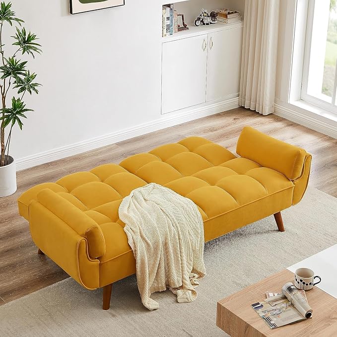 ERYE 75-Inch Tufted Upholstered Futon Sofabed Linen Loveseat Sofa Bed with Adjustable Backrest and Pillows for for Bedroom Living Room, Modern Convertible Futon Sleeper Bed
