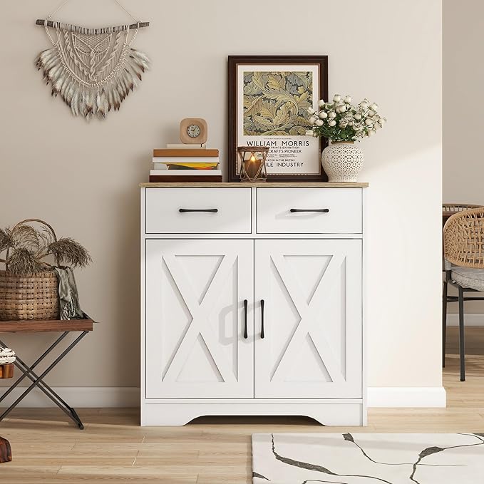 Panana Sideboard 2 Drawers 2 Doors Entryway Storage Cabinet Living Room Organizer Farmhouse Style Wooden Kitchen Cupboard (White)