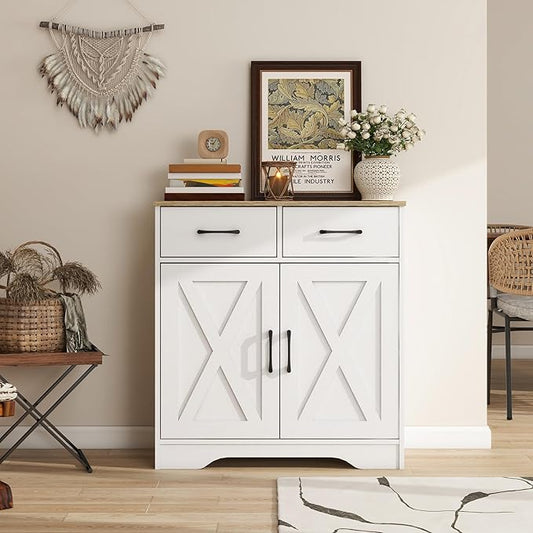 Panana Sideboard 2 Drawers 2 Doors Entryway Storage Cabinet Living Room Organizer Farmhouse Style Wooden Kitchen Cupboard (White)