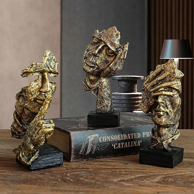 3 Pcs Thinker Statue, Silence is Gold Abstract Art Figurine, Modern Home Resin Decorative Objects Decor for Home Office Bookshelf Desktop,No Hear No See No Speak Knick Knacks