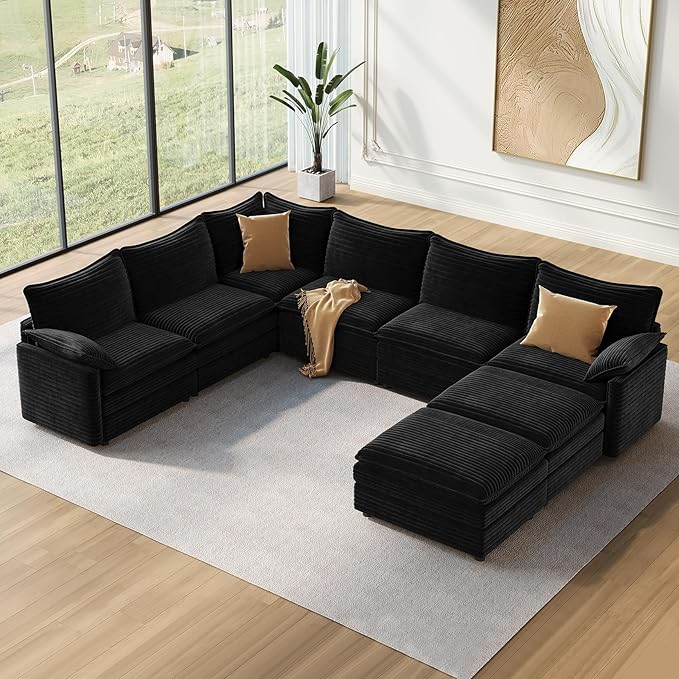 Vesgantti Large Modular Sectional Sofa, Big Comfy Cloud Couch with Ottoman Deep Seat Corduroy Cloud Sofa, 8 Seater Large Sectional Couches for Living Room, Bedroom and Apartment, Black | Sink-in Comfort, Height Adjustable, Easy Rearrangement, Extra-dee...