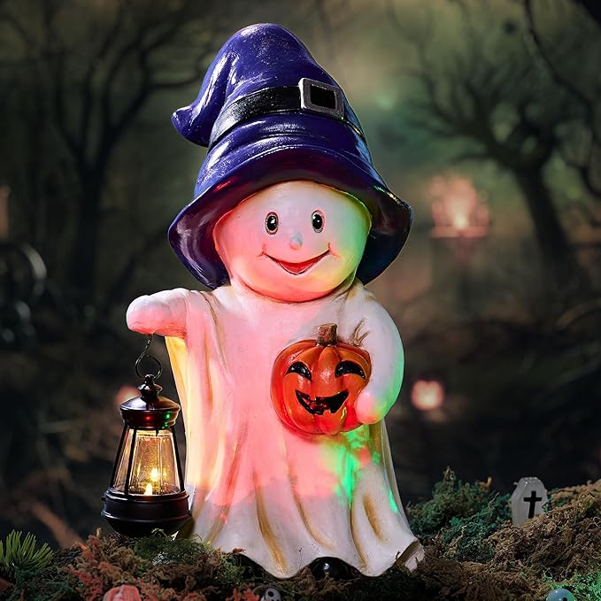 TERESA'S COLLECTIONS Halloween Decorations, Ghost Decor, Large Ghost with Solar Light, 10.6", Waterproof Resin Halloween Decor, Ghost Gifts, Hallowen Gifts, Indoor/Outdoor